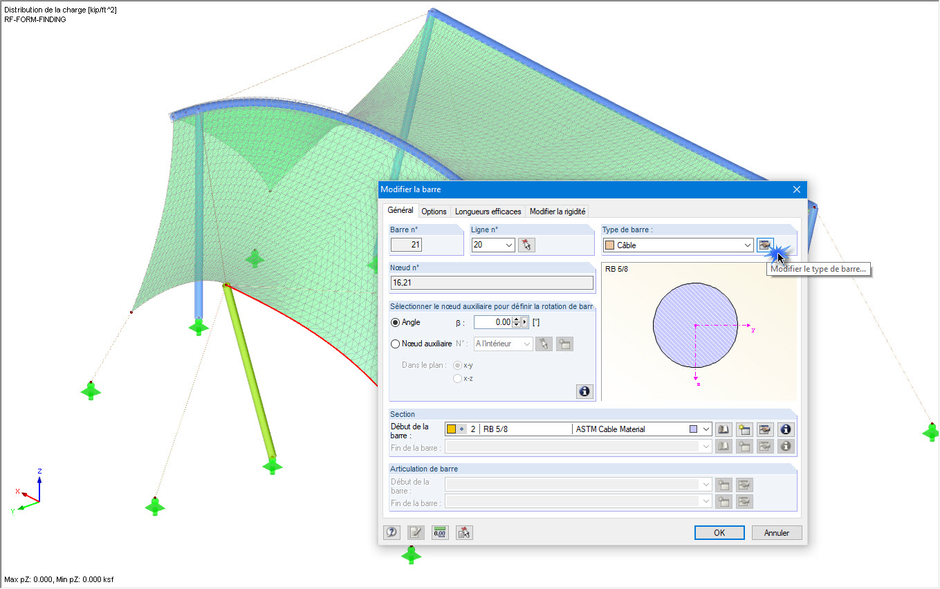 Type de barre « Câble sur les galets » avec options pour la recherche de forme