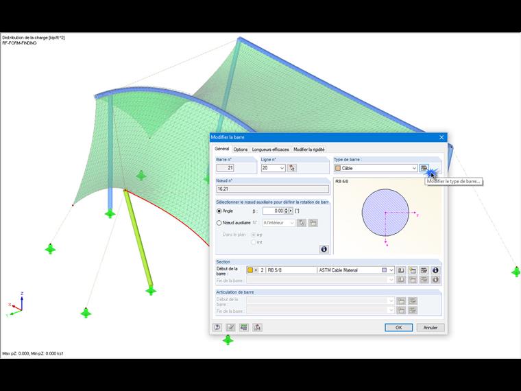 Type de barre « Câble sur les galets » avec options pour la recherche de forme