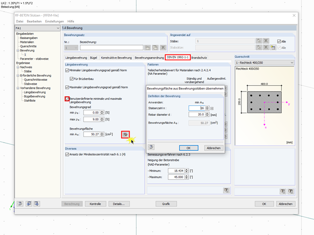 Fenêtre de module 1.4 avec la spécification de l'armature minimale pour les vérifications de calcul dans les poteaux RF-/CONCRETE