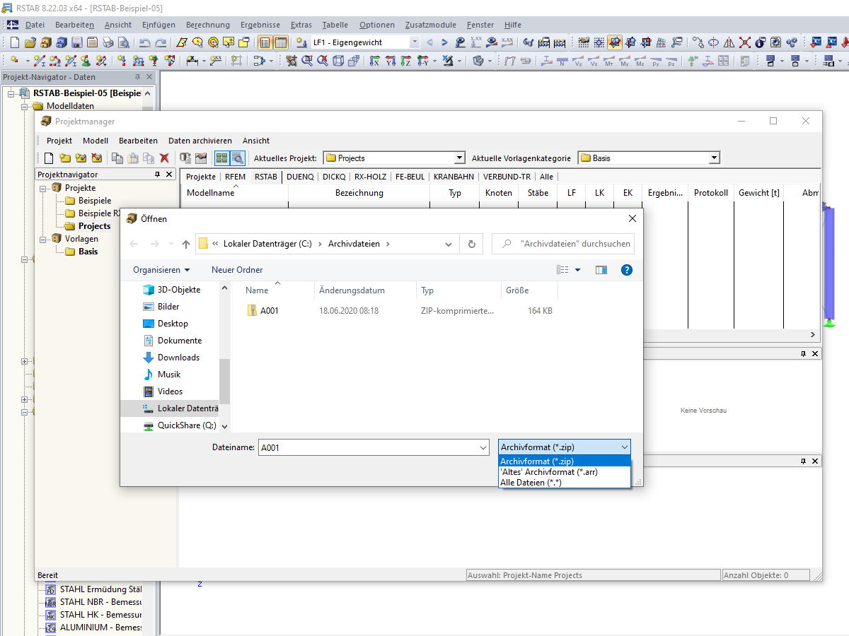 Ouverture du fichier d'archive