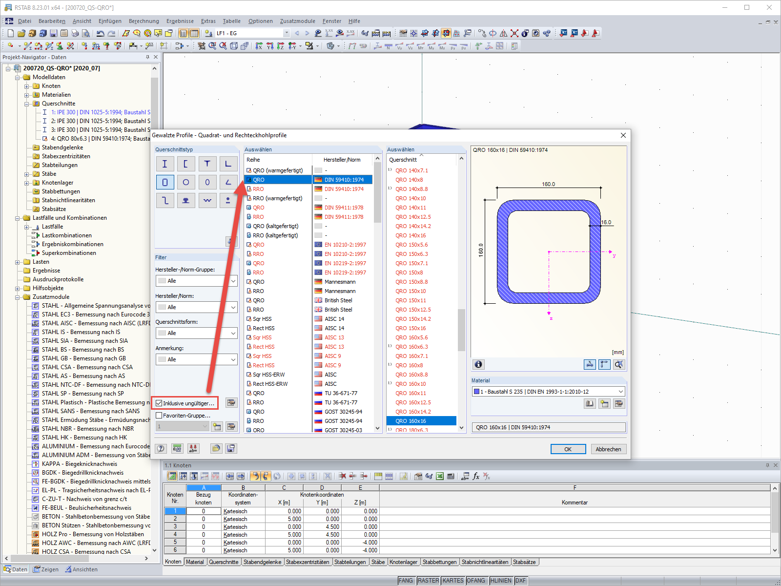 Sélection de la section - Normes non valides incluses