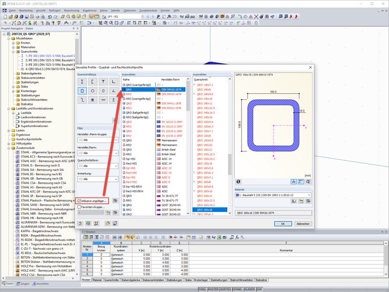 Sélection de la section - Normes non valides incluses