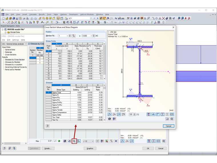 Valeurs de section et diagramme de contrainte