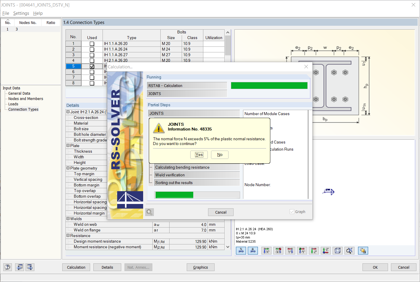 Message d'avertissement pour un effort normal actif > 5 % N_pl,Rd