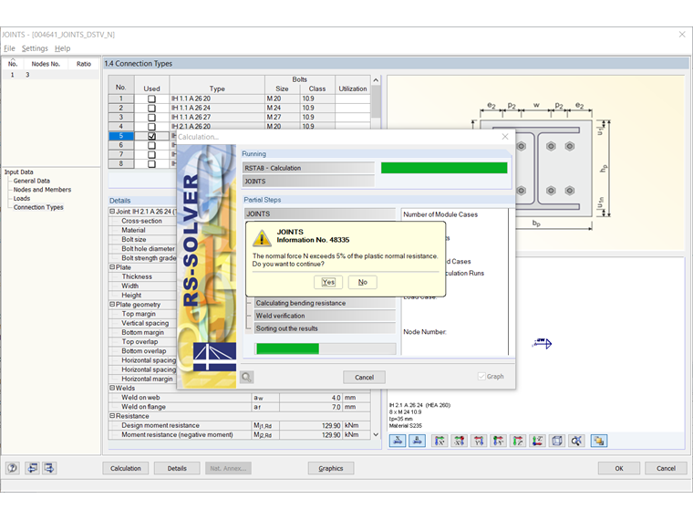 Message d'avertissement pour un effort normal actif > 5 % N_pl,Rd