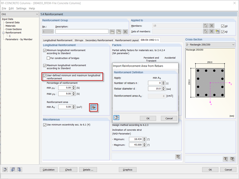 Fenêtre 1.4 dans RF-CONCRETE Columns avec paramétrage de l'armature de base prévue