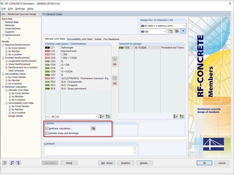 Fenêtre 1.1 dans RF-CONCRETE Members avec activation du calcul NL incl. Fluage et retrait