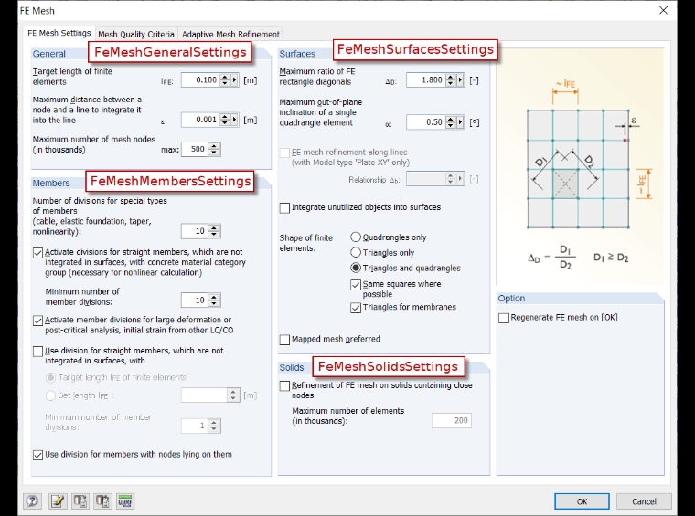 Éléments disponibles des paramètres de maillage EF via l’interface RF-COM