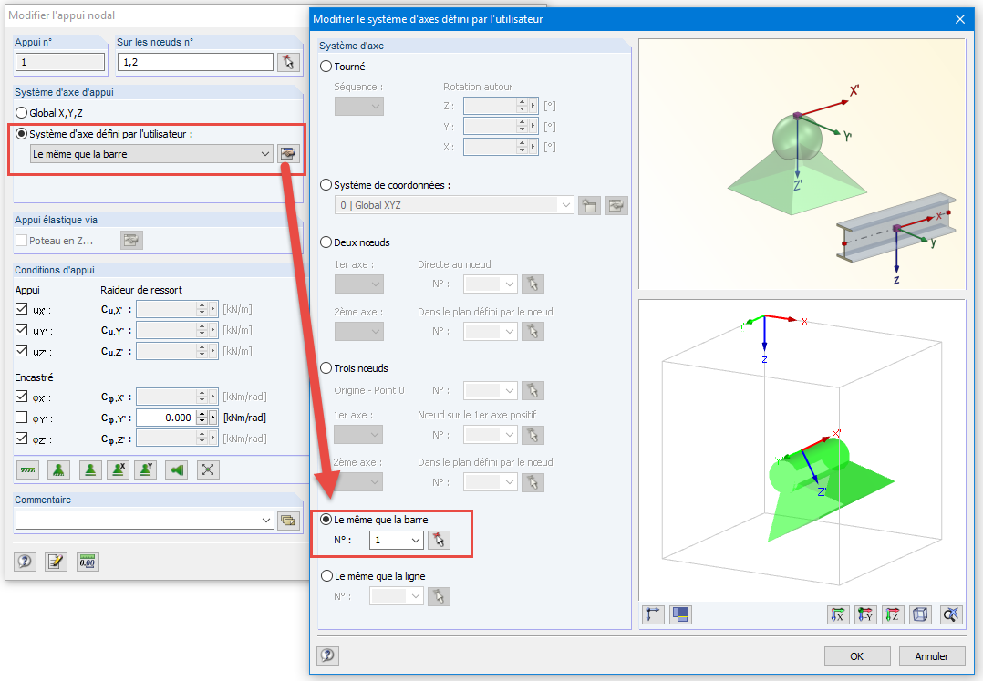 Système d’axe de l’appui nodal - Option « Le même que la barre »
