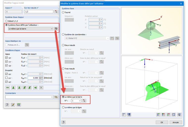 Système d’axe de l’appui nodal - Option « Le même que la barre »