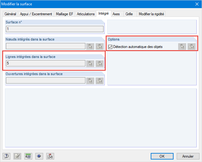 Boîte de dialogue Modifier la surface → Intégré