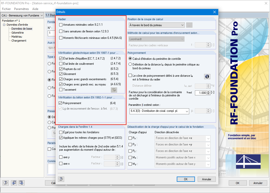 Paramètres détaillés dans RF-/FOUNDATION Pro avec sélection des vérifications disponibles