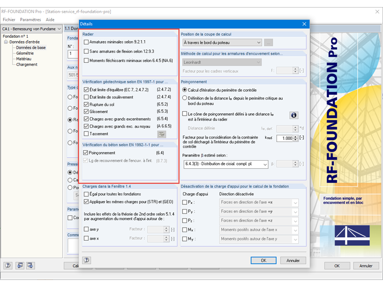 Paramètres détaillés dans RF-/FOUNDATION Pro avec sélection des vérifications disponibles