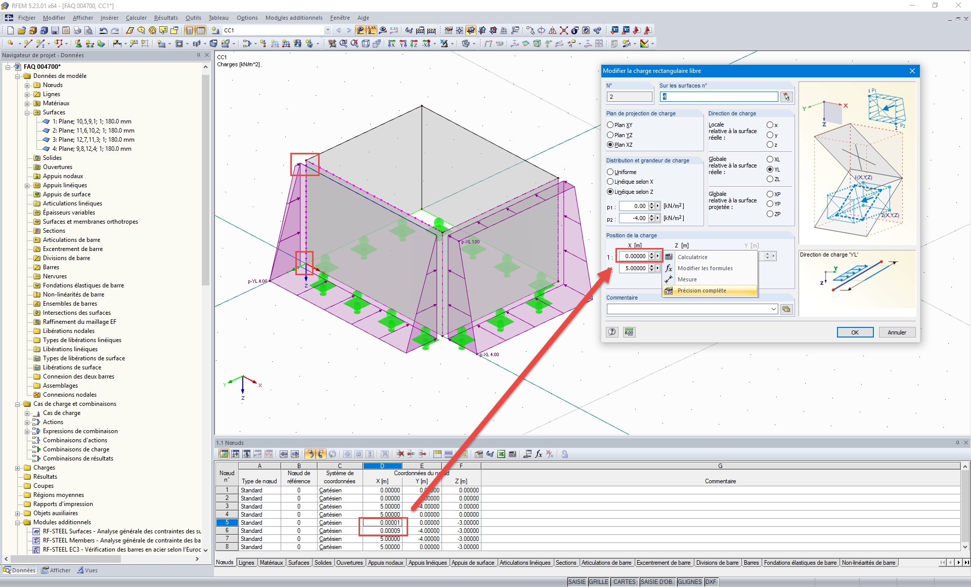 Écart entre les coordonnées de nœud et la charge rectangulaire libre