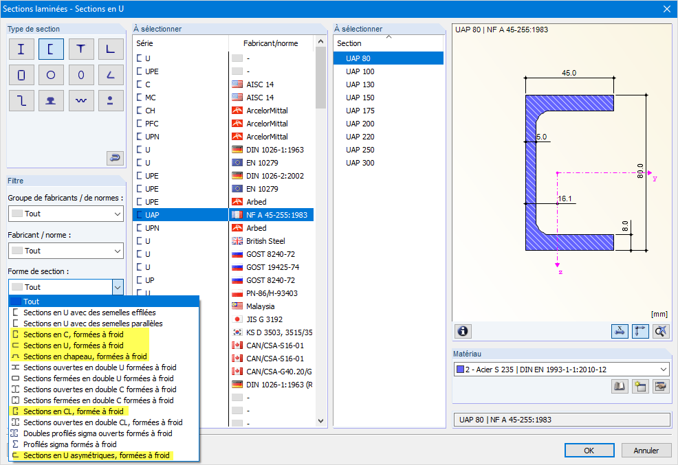Liste de sélection de la forme de la section