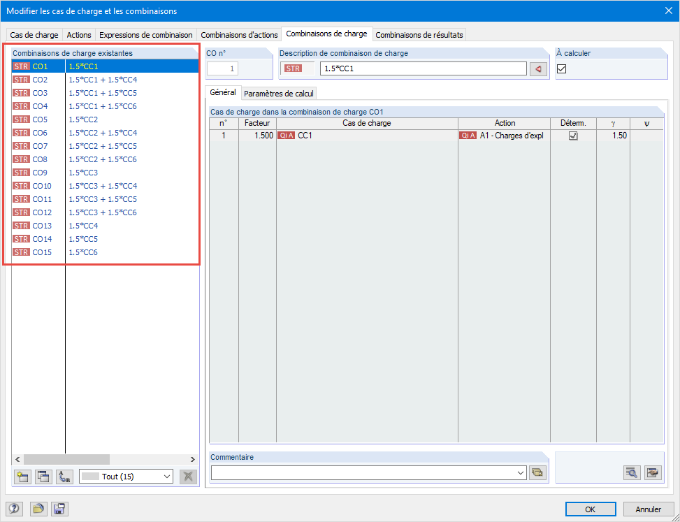 Vérification des combinaisons de charge