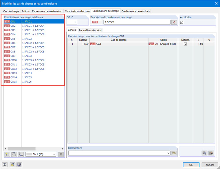 Vérification des combinaisons de charge