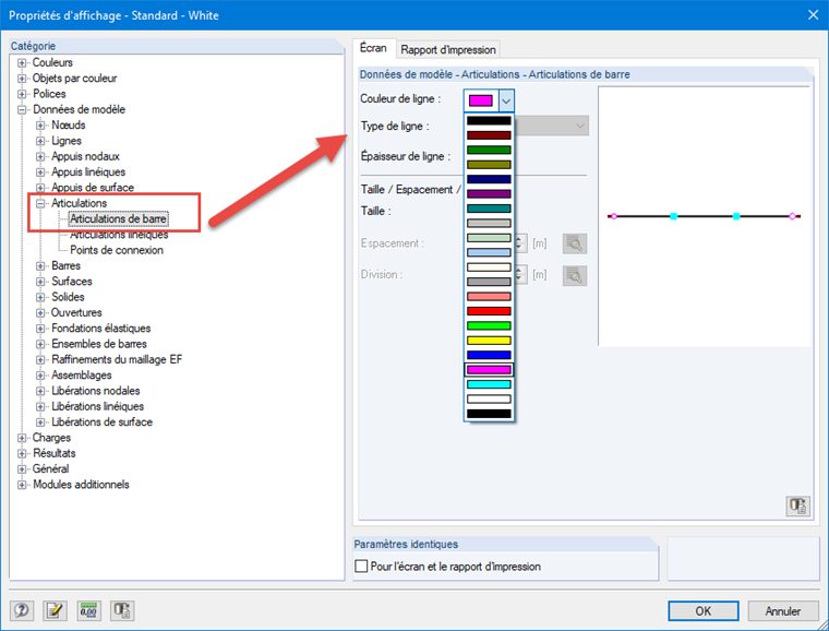 Afficher les propriétés des articulations de barre