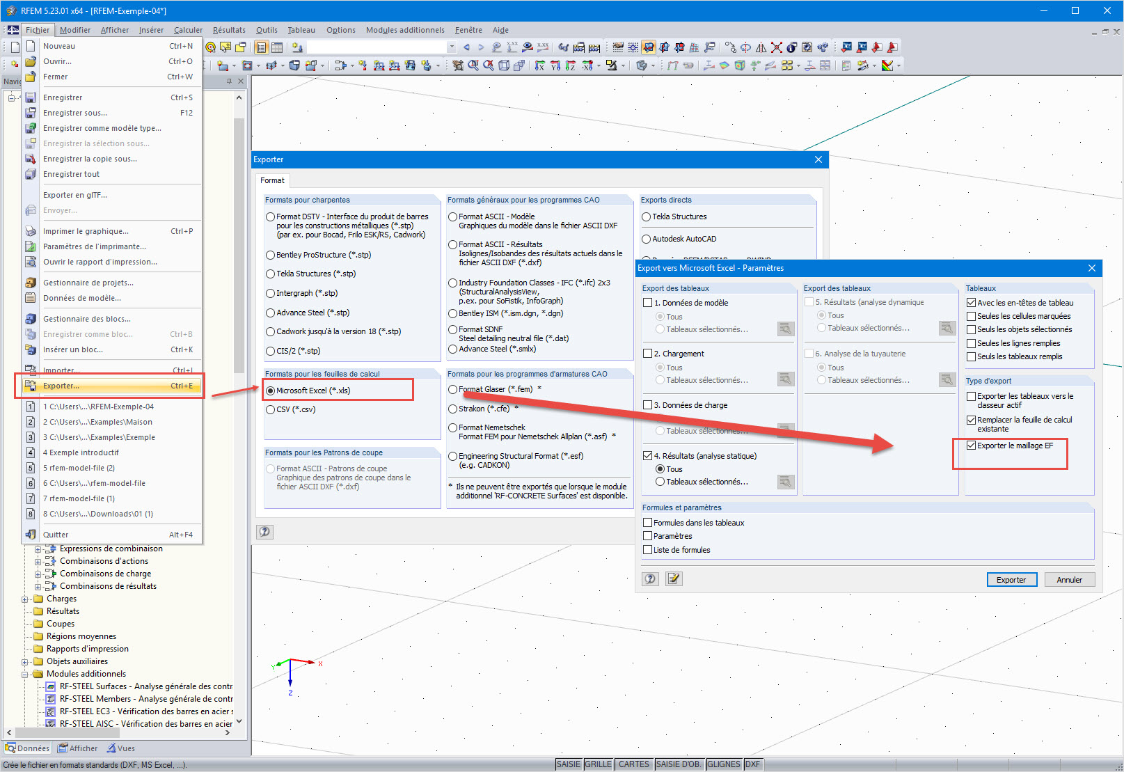 Exportation d’un maillage EF vers Excel