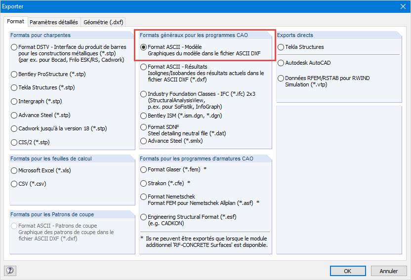 Type de fichier d’exportation