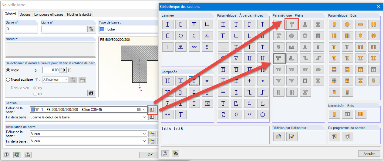 Section paramétrique massive d’une poutre en T