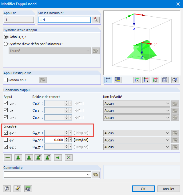 Appuis nodaux : Appui encastré contre la torsion