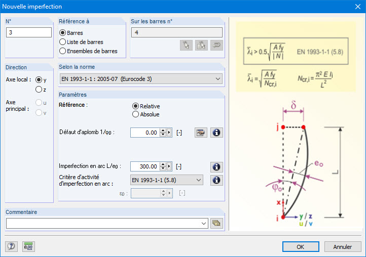 Boîte de dialogue de définition des imperfections