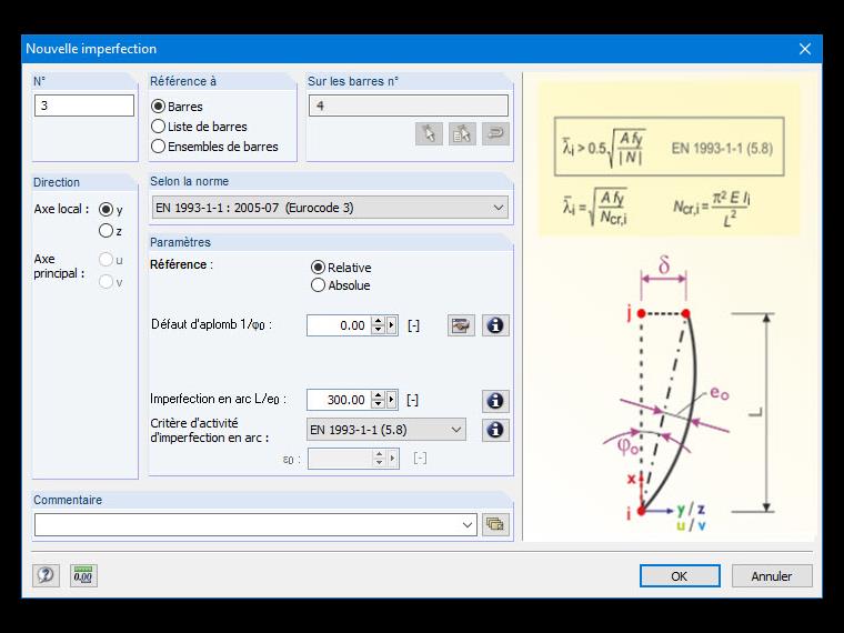 Boîte de dialogue de définition des imperfections