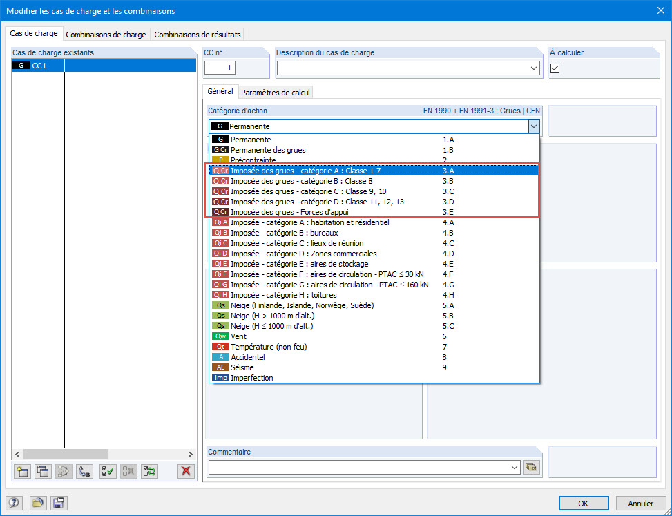Catégories d’action pour les grues