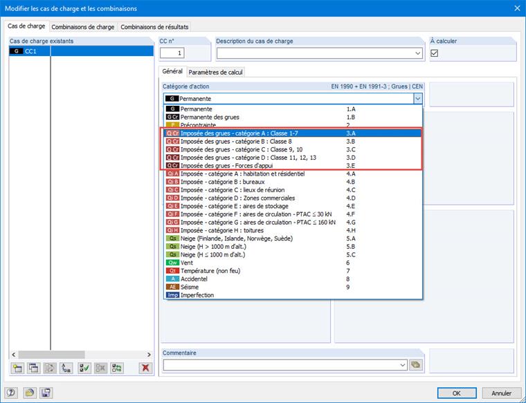 Catégories d’action pour les grues
