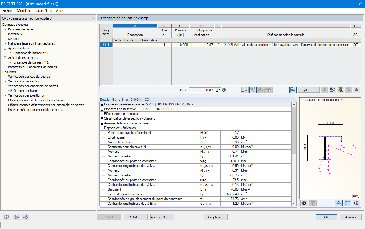 Analyse de gauchissement de la section de barre