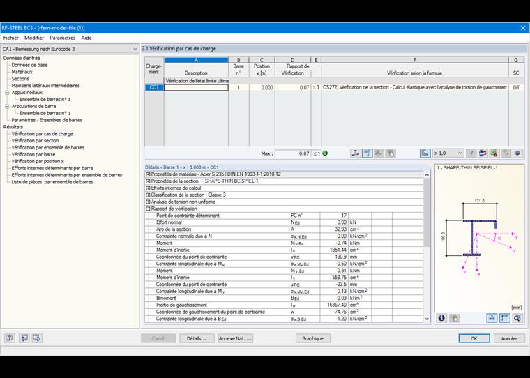 Analyse de gauchissement de la section de barre
