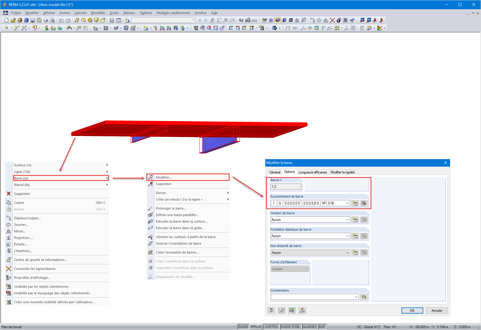 Sélection multiple, menu contextuel (à gauche) et boîte de dialogue Modifier la barre