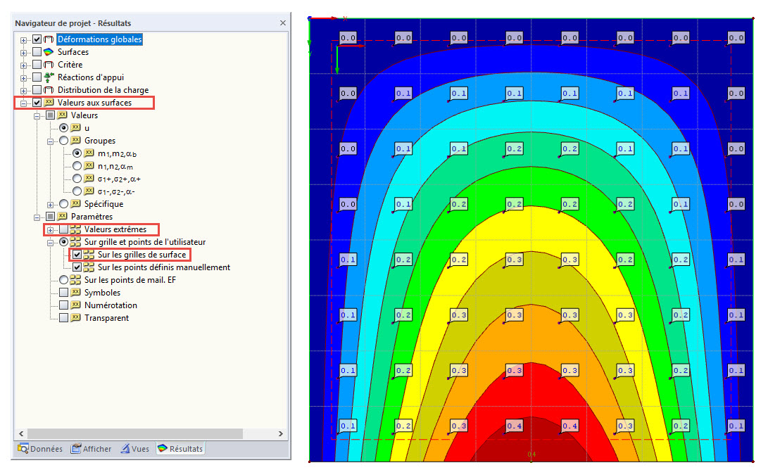 Valeurs sur les grilles de surface dans le navigateur Résultats