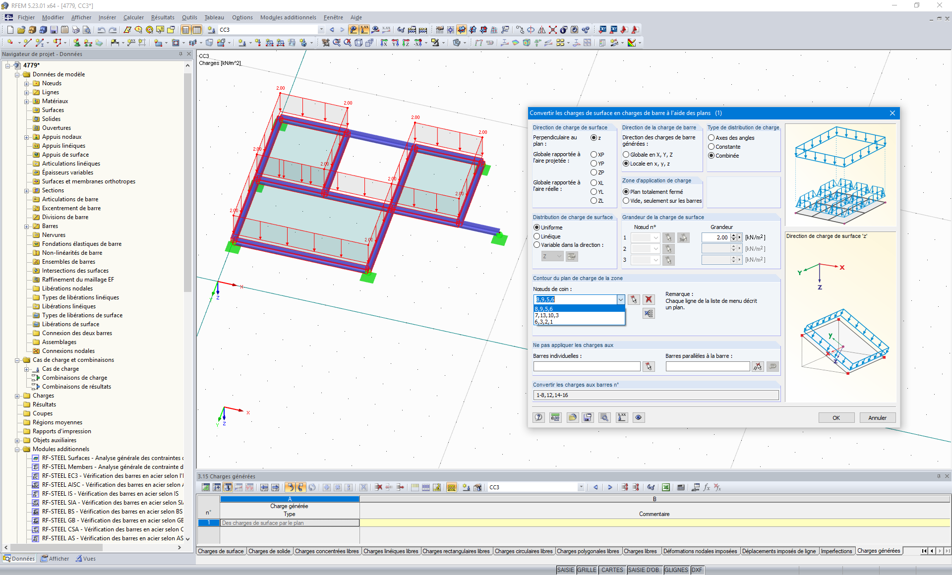 Charges de barre à partir de charges surfaciques à l'aide du plan
