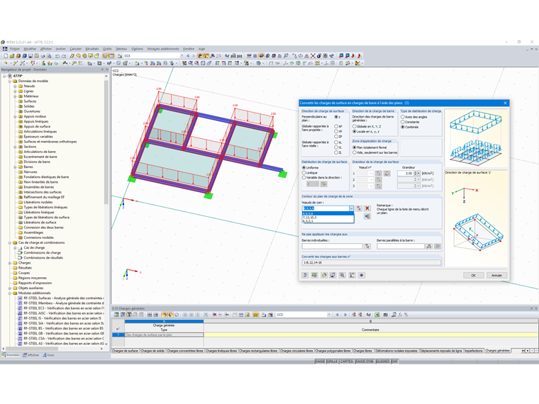 Charges de barre à partir de charges surfaciques à l'aide du plan