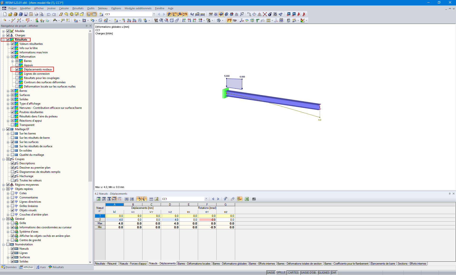 Paramétrage des résultats du déplacement nodal