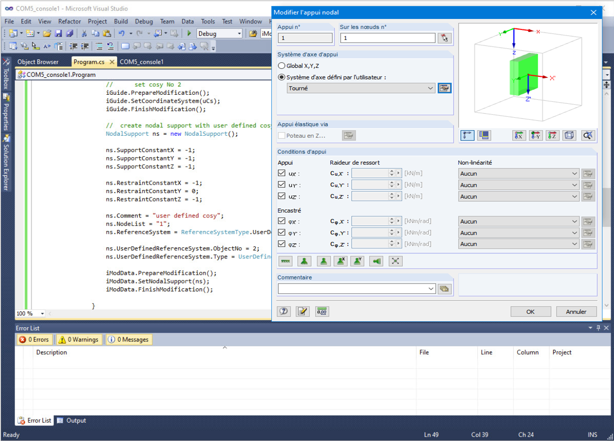 Appui nodal avec système de coordonnées défini par l'utilisateur via l'interface COM