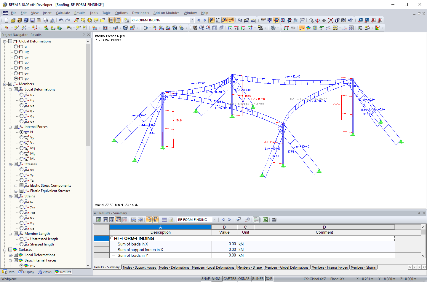 Efforts de traction dans les câbles après la recherche de forme dans RFEM