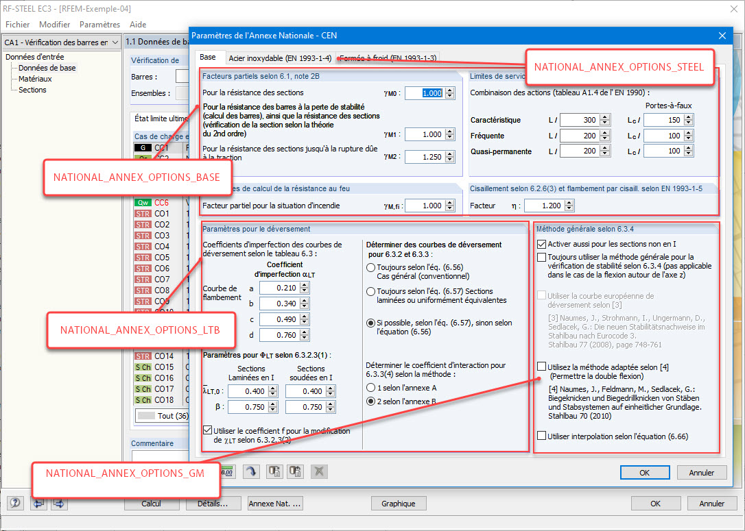 Boîte de dialogue des paramètres de l'Annexe Nationale avec les sections correspondantes pour la programmation via l'interface COM