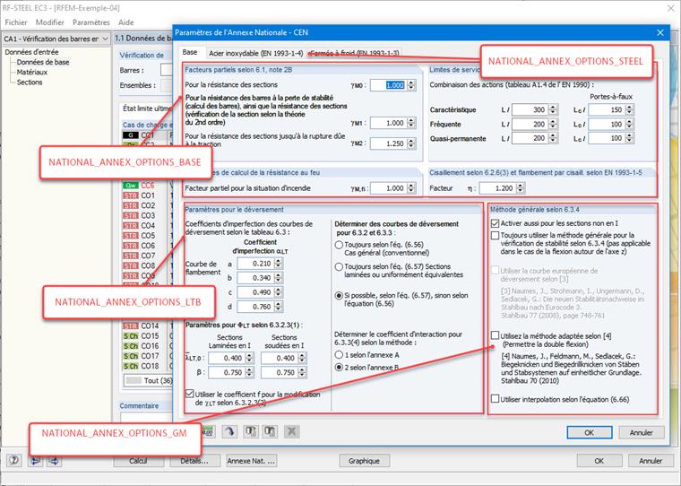 Boîte de dialogue des paramètres de l'Annexe Nationale avec les sections correspondantes pour la programmation via l'interface COM