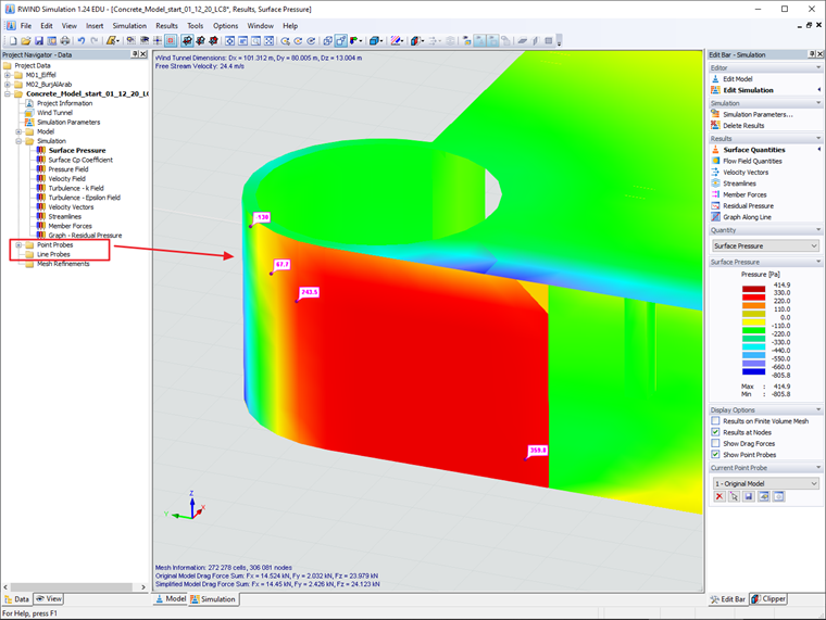 Sondes ponctuelles et linéaires dans le navigateur de données → Simulation