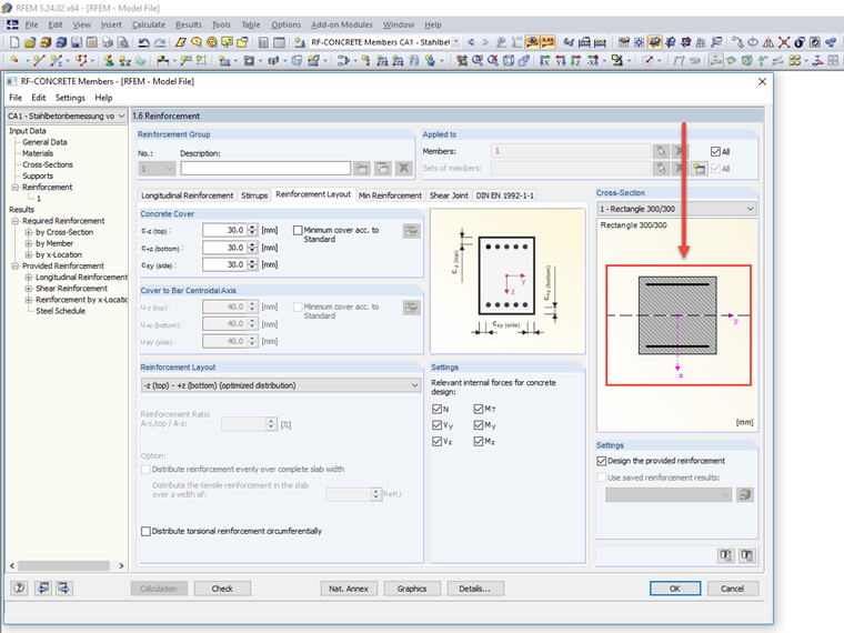 Section en béton avec armature et centre de gravité