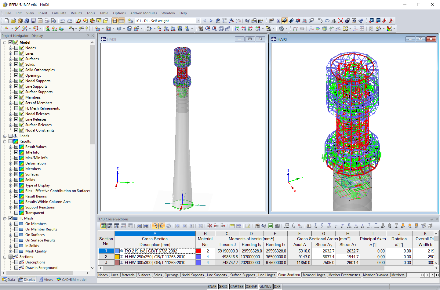 Modèle de tour dans RFEM (gauche : tour entière, droite : détail de la partie en acier) (© Allcons sro)