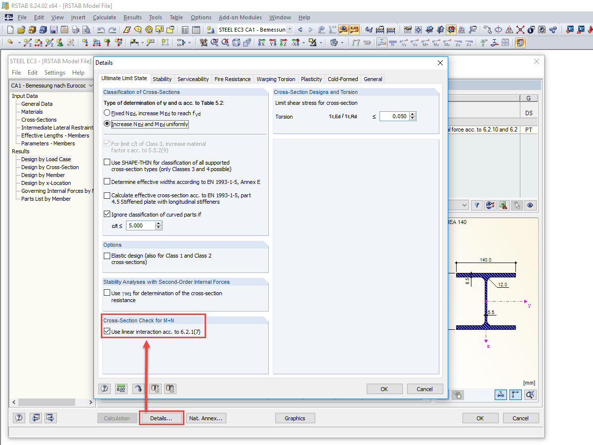 Activation de l'interaction linéaire de l'effort axial et de la charge de moment