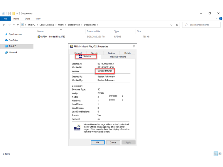 Informations sur la version du programme dans Windows → Propriétés → Statistiques