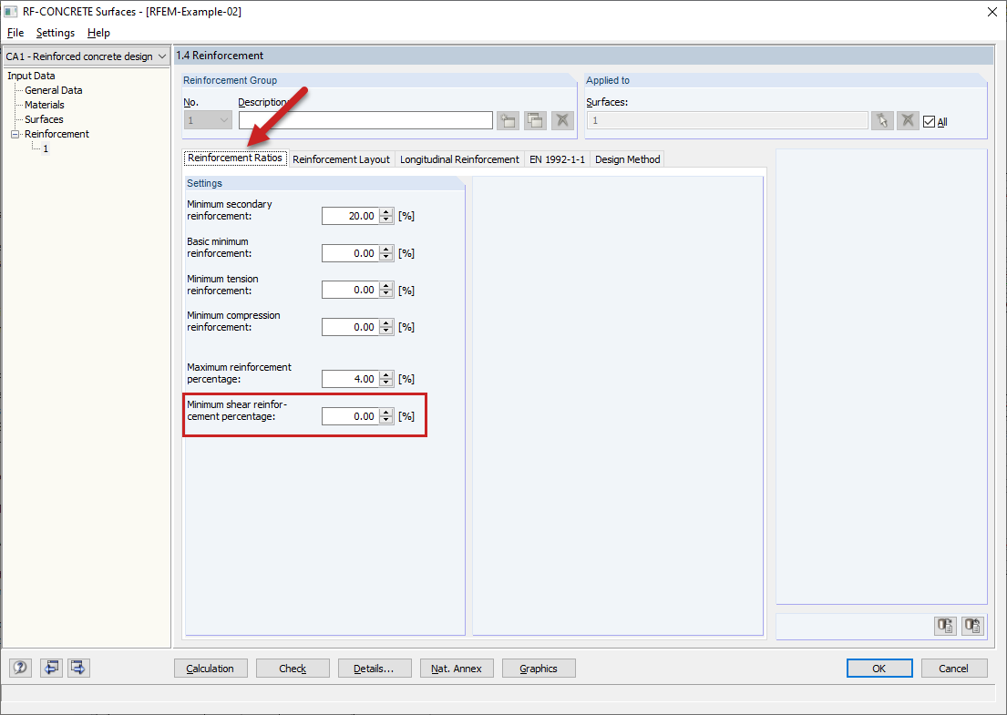 Fenêtre 1.4 - Rapports d'armatures : Pourcentage minimale des armatures d'effort tranchant