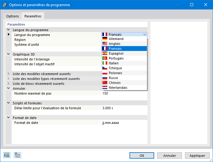 Sélection de la langue du programme