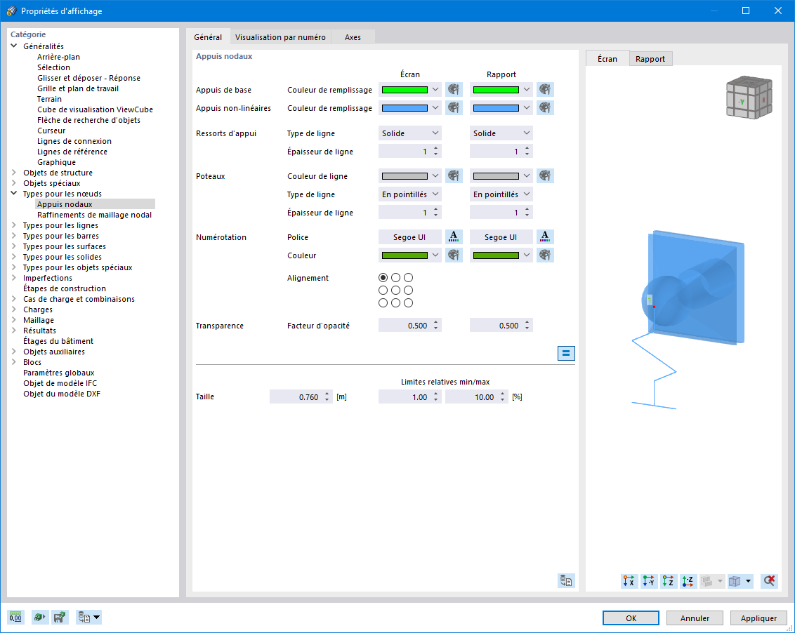 Propriétés d’affichage pour l’appui nodal