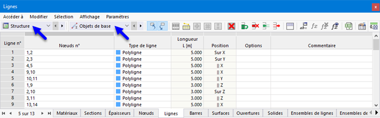 Tableaux pour la catégorie « Structure » et la sous-catégorie « Objets de base »